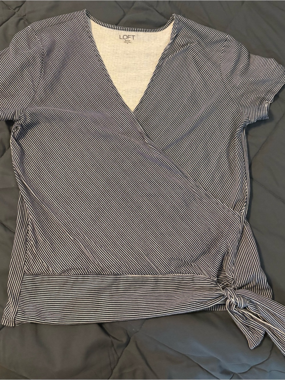 LOFT Navy and White Striped Wrap Tie Short Sleeve Blouse